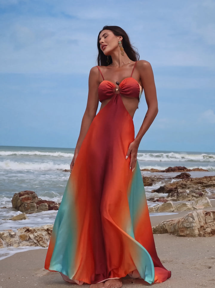 Atardecer | Vestido maxi degradado con detalle de gema