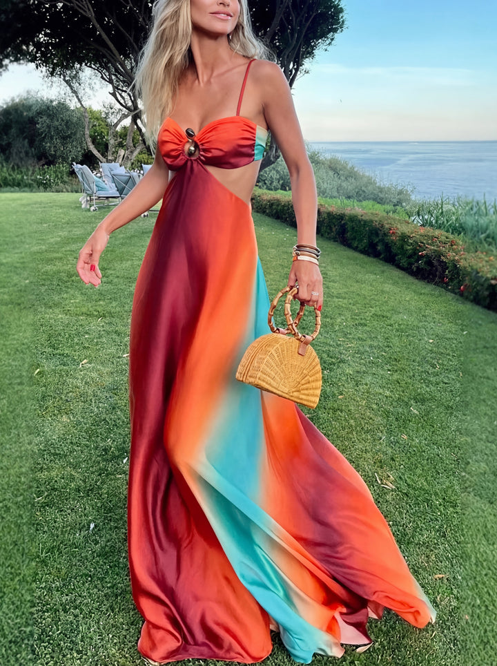 Atardecer | Vestido maxi degradado con detalle de gema