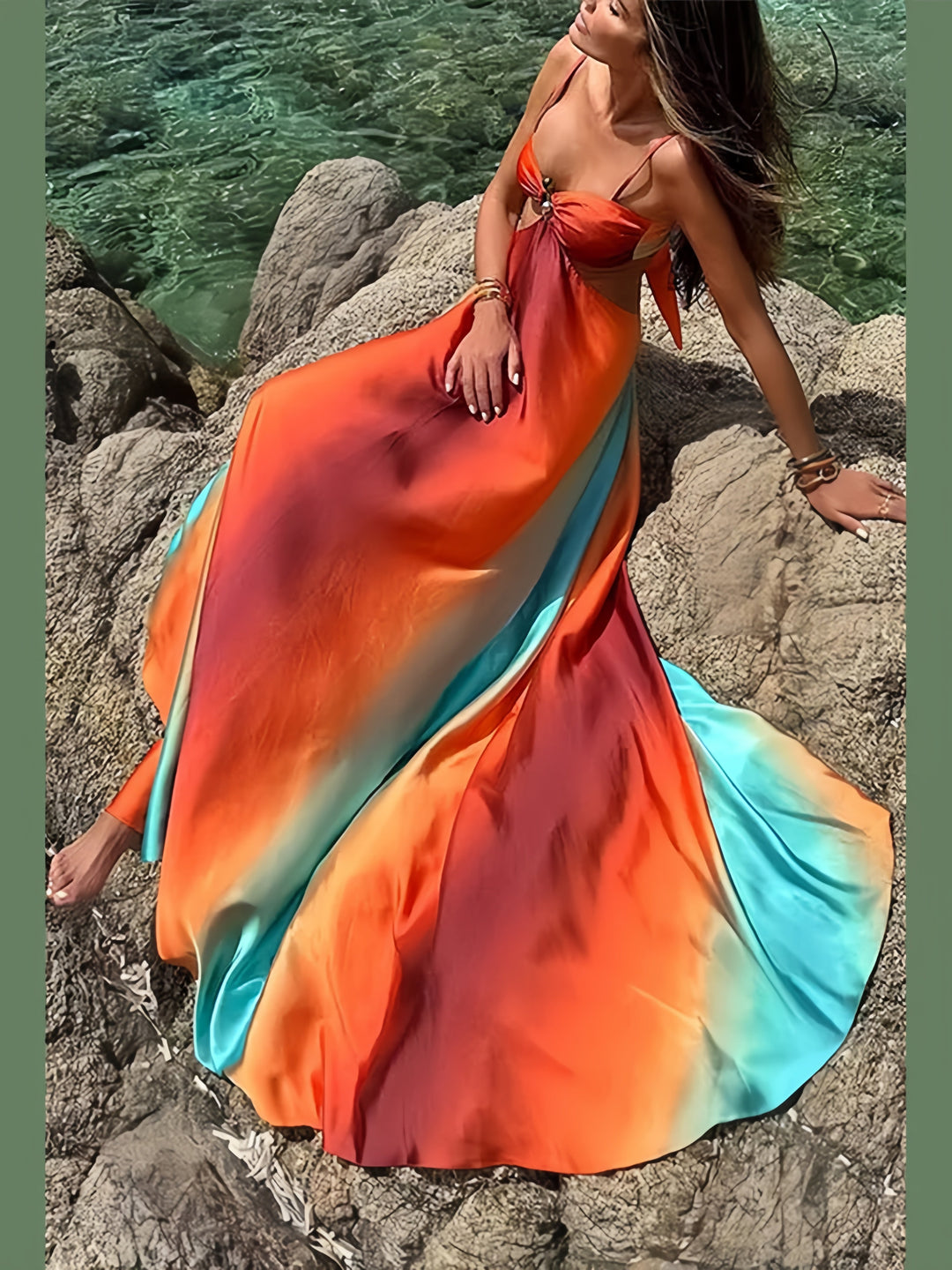 Atardecer | Vestido maxi degradado con detalle de gema